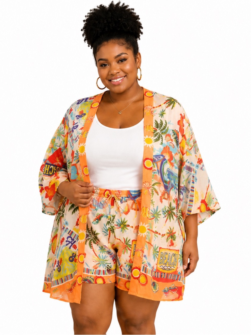 VIOLET SKY Tropical Beach Kimono Shorts Set Cover Up Lounge Plus Size NWT
